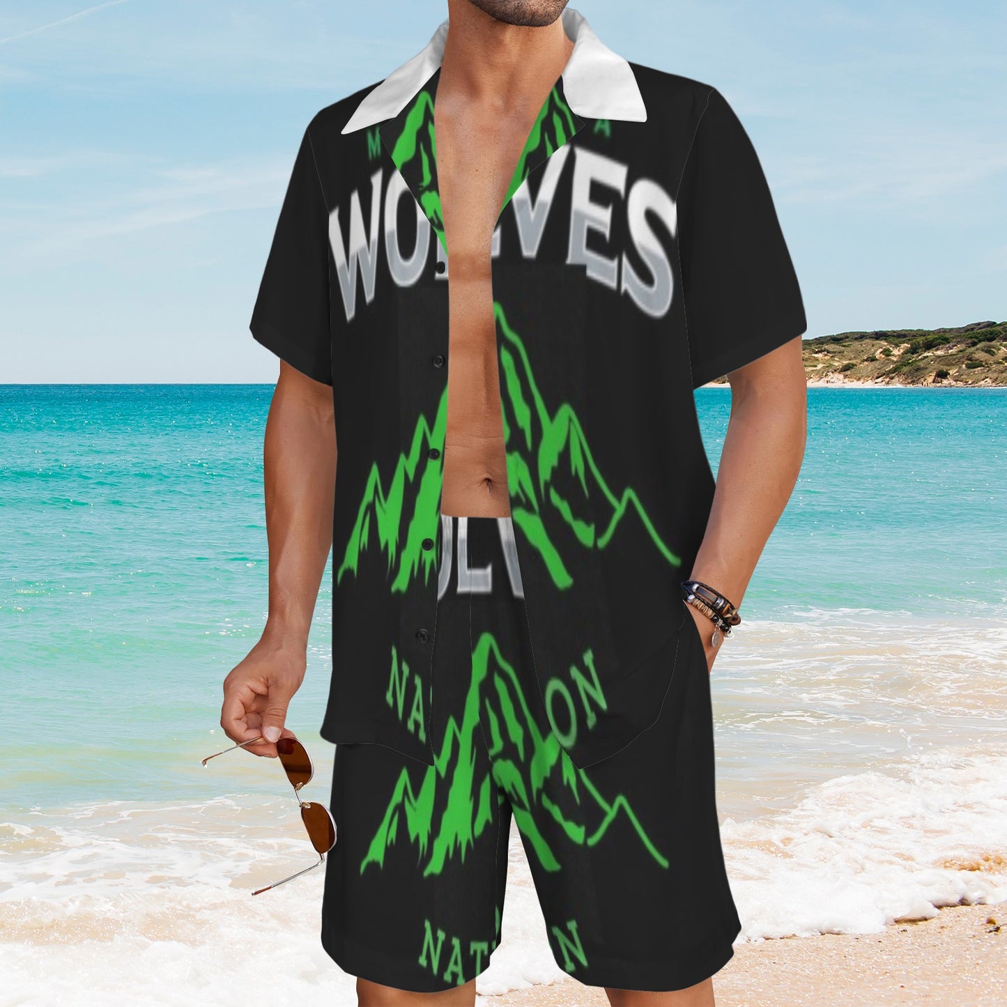 tw redid white color/black 2 piece Men's Shirt and Shorts Outfit