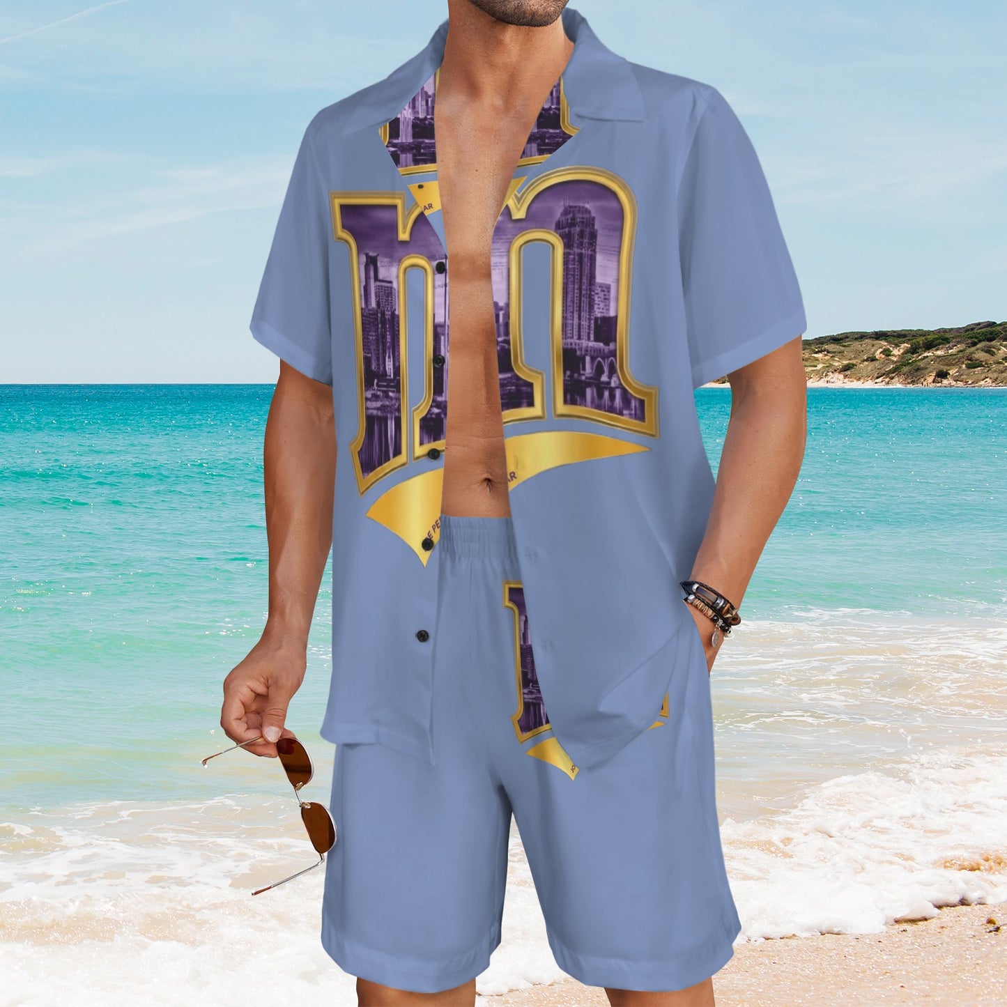 m gold purple Men's Shirt and Shorts Outfit