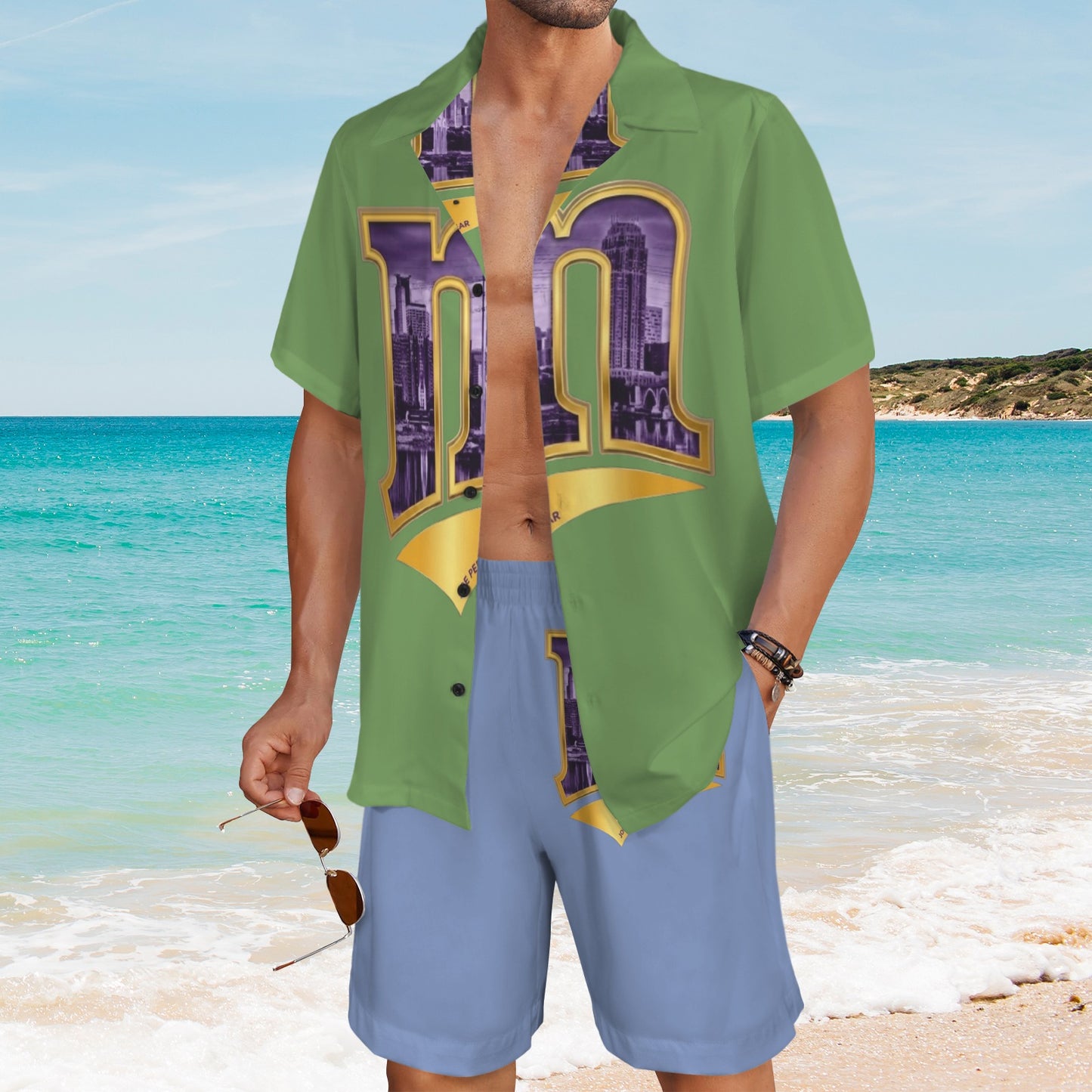 m gold purple Men's Shirt and Shorts Outfit